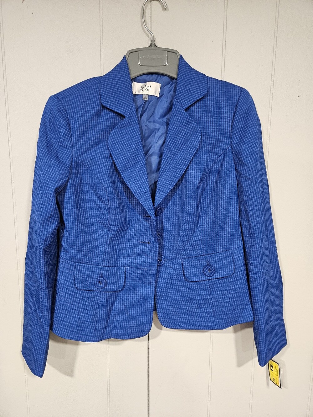 Le Suit Women's Petite 4P Blue Check Notched-Collar Long-Sleeve Suit Jacket NWT